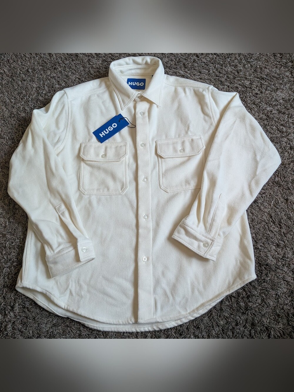 NWT Hugo Boss Ivory Ebolt Poly/Wool Button Up Oversized Shacket Flannel Men's M